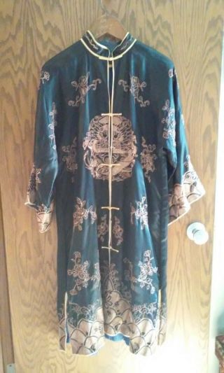 Vintage Japanese Chinese Silk Embroidered Kimono Robe Black 3