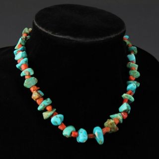 Vintage Native American Indian Chunky Turquoise Nugget Red Coral Necklace Nr Sms