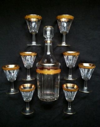 Vintage 24 Kt Gold Gilded Glass Decanter & 8 Flutes Set Italy