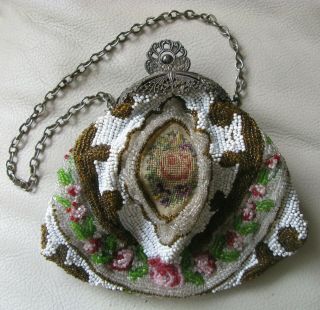 Antique Art Victorian Silver T Filigree Frame Rose Petit Point Bead Puffy Purse