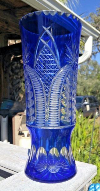 Vintage 13.  5 " Bohemian Czech Cobalt Blue Cut To Clear Crystal Vase Pineapples