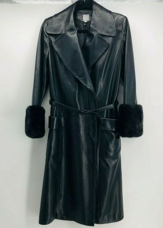 Herve Leger Paris Vintage Black Leather Coat Jacket Fr 36 / Us 4