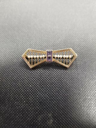 Vintage 14k Yellow Gold Pin With Amethyst And Pearls