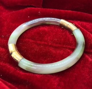 Vintage Chinese Bangle Bracelet Peking Glass Faux Jade Green Gold Hinged