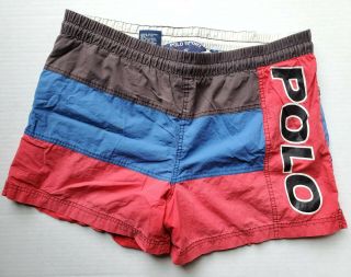 Vtg Rare 90s Polo Sport Ralph Lauren Spell Out Colorblock Swim Trunk Shorts S