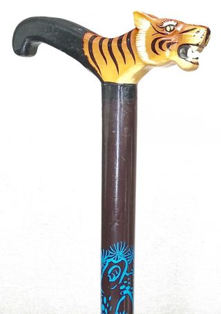 Vintage Antique Estate Chinese Tiger Folk Art Natural Wood Walking Stick Cane