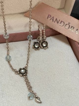 Retired Rare Pandora Silver Blue Topaz Earrings 29970btp & Necklace 39207btp45