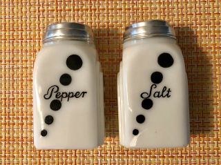 Vintage Mckee Roman Arch Black Dot Milk Glass Salt & Pepper Shakers L@@k