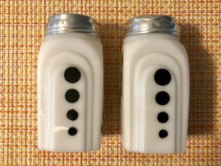 Vintage McKee Roman Arch Black Dot Milk Glass Salt & Pepper Shakers L@@K 2