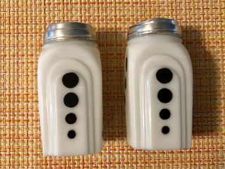 Vintage McKee Roman Arch Black Dot Milk Glass Salt & Pepper Shakers L@@K 4