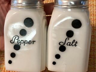 Vintage McKee Roman Arch Black Dot Milk Glass Salt & Pepper Shakers L@@K 7