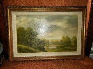 Kendg Antique vintage small oil painting on wood framed 1945 signed Kerdg 11 x 8 2