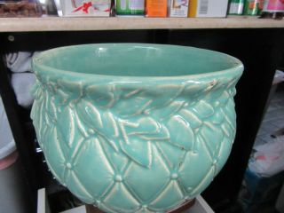 Vintage Mccoy Green Diamond Leaf Quilted Pattern Jardiniere Large Planter 9 In