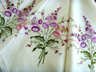 Vintage Hand Embroidered Floral Linen Tablecloth Gorgeous Foxgloves Garlands