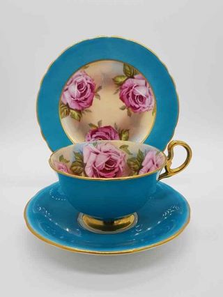 Vintage Aynsley England " Cabbage Rose " Cup And Saucer Trio - Htf.  Turquoise