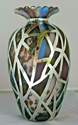 Vintage Britannia 95.  8 Sterling Silver Overlay Art Glass Strickett & Loder Vase