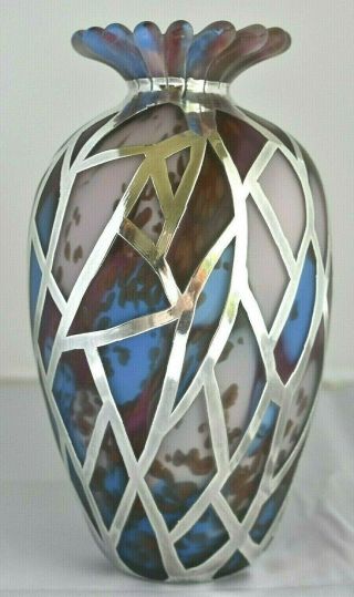 Vintage Britannia 95.  8 Sterling Silver Overlay Art Glass STRICKETT & LODER Vase 2