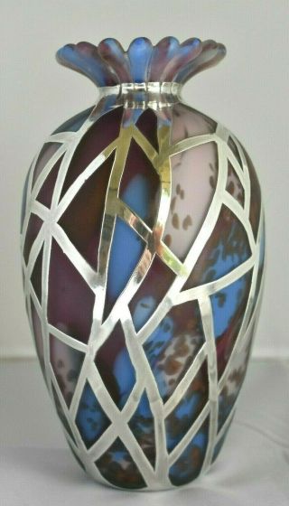 Vintage Britannia 95.  8 Sterling Silver Overlay Art Glass STRICKETT & LODER Vase 3