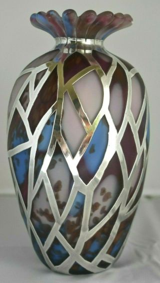 Vintage Britannia 95.  8 Sterling Silver Overlay Art Glass STRICKETT & LODER Vase 4