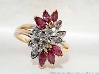 Vintage 14k Gold Natural Marquise Ruby Fine Diamond Cluster Bypass Ladies Ring