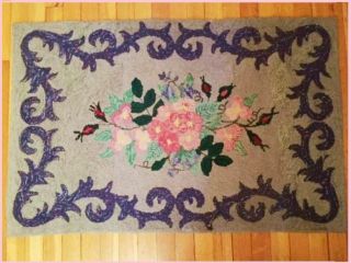 Antique C1900 Romantic Pink Roses & Acanthus Vintage Hand Hooked Rug Large 41x27