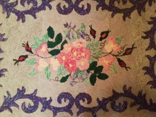 Antique c1900 Romantic PINK Roses & Acanthus Vintage Hand HOOKED RUG Large 41x27 2