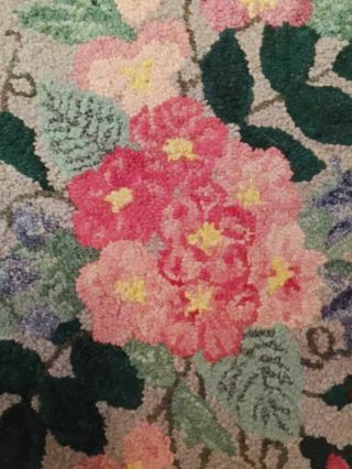 Antique c1900 Romantic PINK Roses & Acanthus Vintage Hand HOOKED RUG Large 41x27 3