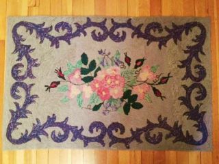 Antique c1900 Romantic PINK Roses & Acanthus Vintage Hand HOOKED RUG Large 41x27 4