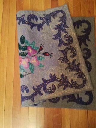 Antique c1900 Romantic PINK Roses & Acanthus Vintage Hand HOOKED RUG Large 41x27 5