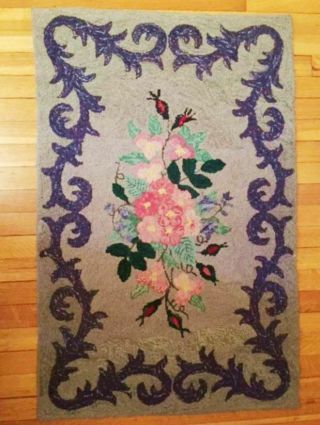 Antique c1900 Romantic PINK Roses & Acanthus Vintage Hand HOOKED RUG Large 41x27 6