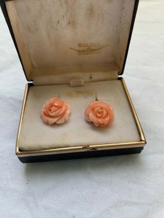 Vintage 14k Yellow Gold Rose Hand Carved Angel Skin Coral Screw Back Earrings