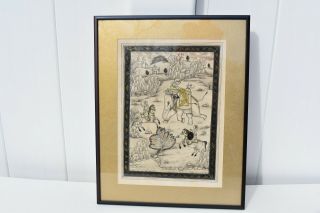 Vintage Indian Painting Depicting A Tiger Hunting Scene With Elephant