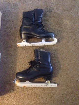 Mens Vintage Riedell Black Ice Skates Sz 10 - 1/3 Sheffield Steel Made In England