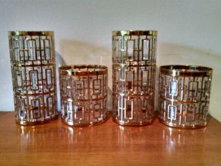 Vintage Imperial Glass Gold Shoji Trellis Glasses 2 Highball And 2 Lowball