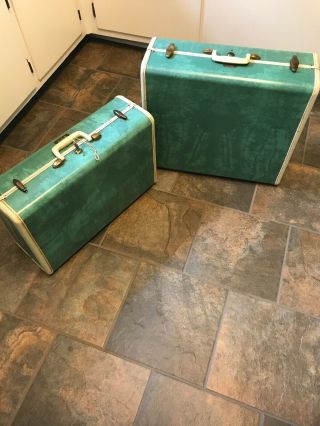 2 Vintage Samsonite Suitcases Marbled Teal Green Luggage Decor.  Photography Prop
