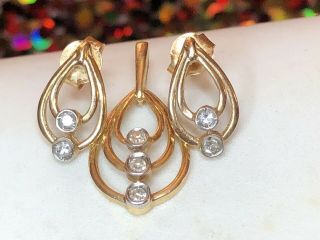 Estate Vintage 14k Gold Natural Diamond Pendant & Earrings Set