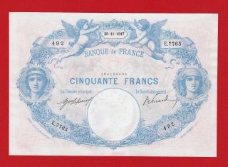 Rare Banknote,  Xf,  France - 50 Francs 1917,  Bleu Et Rose,  No Pinholes,