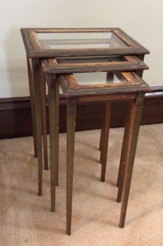 Vintage / Antique Set Of 3 Wood Nesting Tables Hand Painted 22.  5” Tall