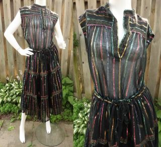 Vtg 70s India Cotton Gauze Skirt Top Rainbow Metallic Hippie Boho Dress Set M