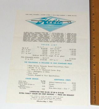 Vintage 1960s Hobie Surfboards Surfing California Price List Flyer