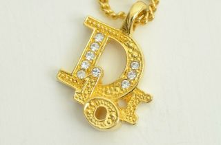 Authentic Dior Vintage Necklace Gold Plated Rhinestone Letters Christian Cd Logo