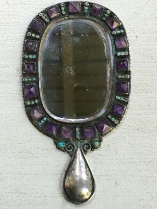 Vintage Matl Salas Mexican.  925 Silver Amethyst Turquoise Hand Mirror