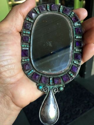 Vintage MATL SALAS Mexican.  925 Silver Amethyst Turquoise Hand Mirror 8