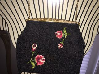 Handmade Black Beaded Vintage Frame Handbag With Floral Embroidery Gorgeous