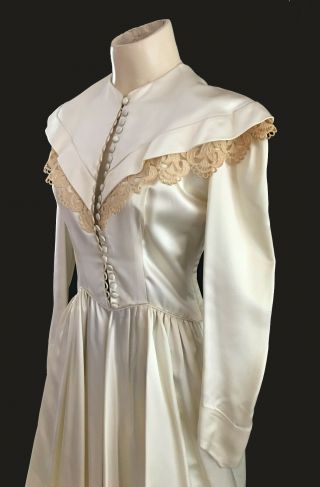 VINTAGE 1940 ' S HEAVY IVORY SATIN CLASSIC WEDDING GOWN DRESS LONG TRAIN 3