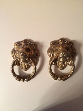 Vintage Solid Brass Lion Head Door Knocker Or Curtain Holder,  Set Of 2