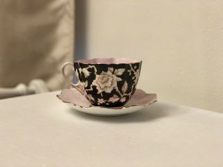 RARE Vintage PARAGON Teacup And Saucer By Appointment Black And Pink 6