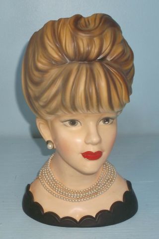 Vintage Inarco E 2966 10 1/2 " Porcelain Lady Head Vase Headvase Pearls Big Hair