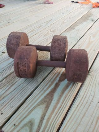 Vtg Set Of 2 York Metal 35 Pound Roundhead Dumbbells Weights 70 Lbs Total