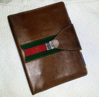 Authentic Gucci Leather & Web Binder Notebook Planner Agenda 9.  5 X 7 X 2.  5 Rare